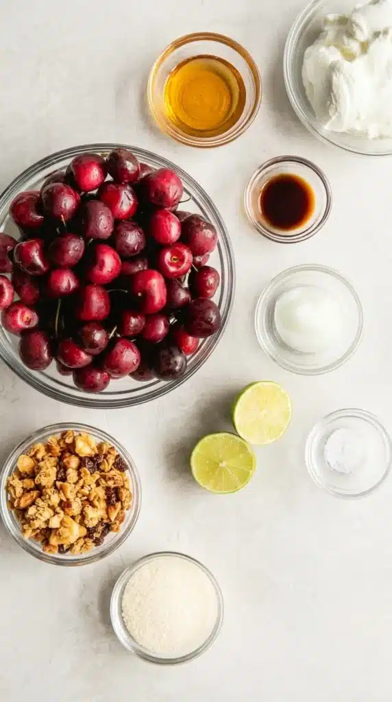 Roasted Cherry Yogurt Bowl with Greek Yogurt and Almonds 5 Roasted Cherry Yogurt Bowl ingredients with Greek yogurt, cherries, almonds, coconut, chia seeds, and honey