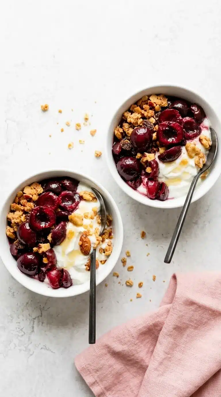 Roasted Cherry Yogurt Bowl with Greek yogurt, juicy cherries, almonds, coconut, and chia seeds