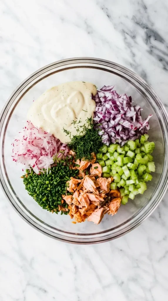 Salmon Salad with flaky salmon, vegetables, herbs, and lemon Dijon dressing before mixing