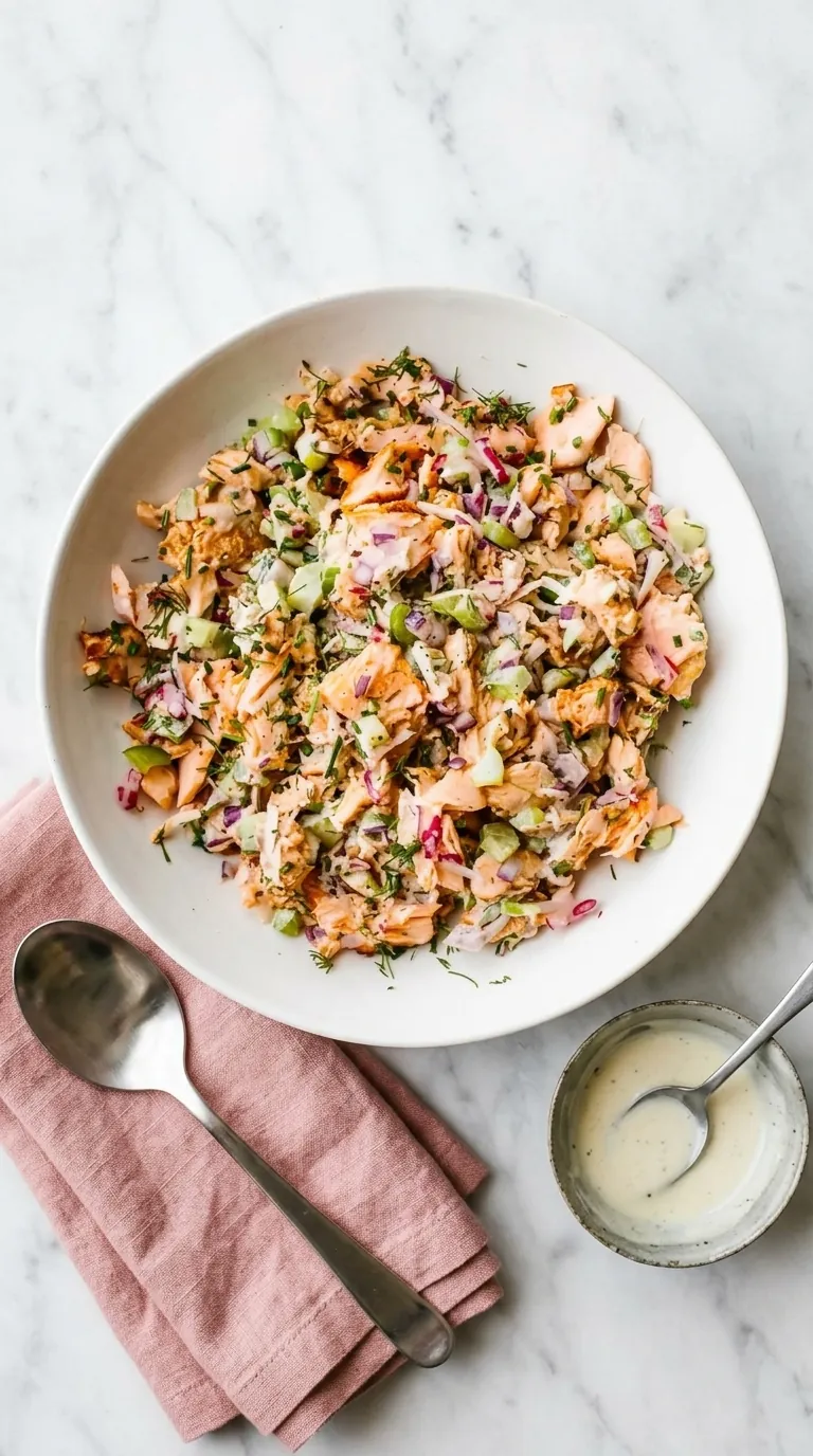 Salmon Salad with flaky baked salmon, crisp vegetables, herbs, and creamy lemon Dijon dressing