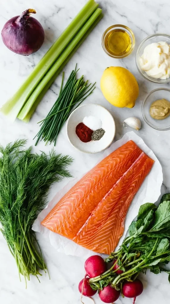 Salmon Salad ingredients with salmon, celery, radishes, herbs, lemon, and creamy dressing