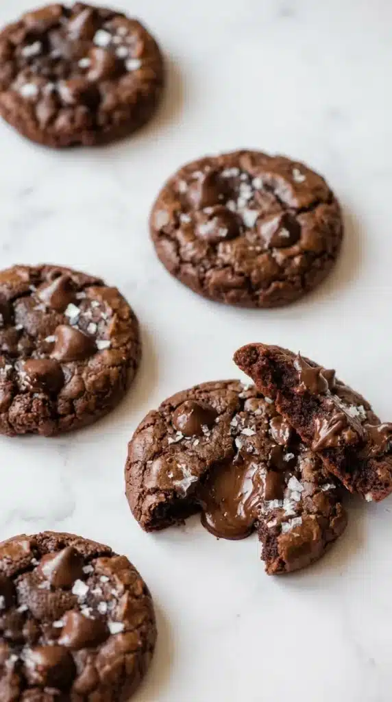 Salted Brownie Cookies with a soft fudgy center, melted chocolate chips, and flaky sea salt