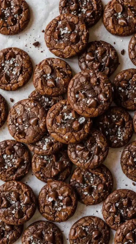 Salted Brownie Cookies with chocolate chips and flaky sea salt served with milk