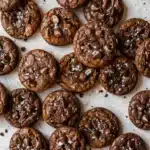 Salted Brownie Cookies with fudgy centers, chocolate chips, crackled tops, and flaky sea salt