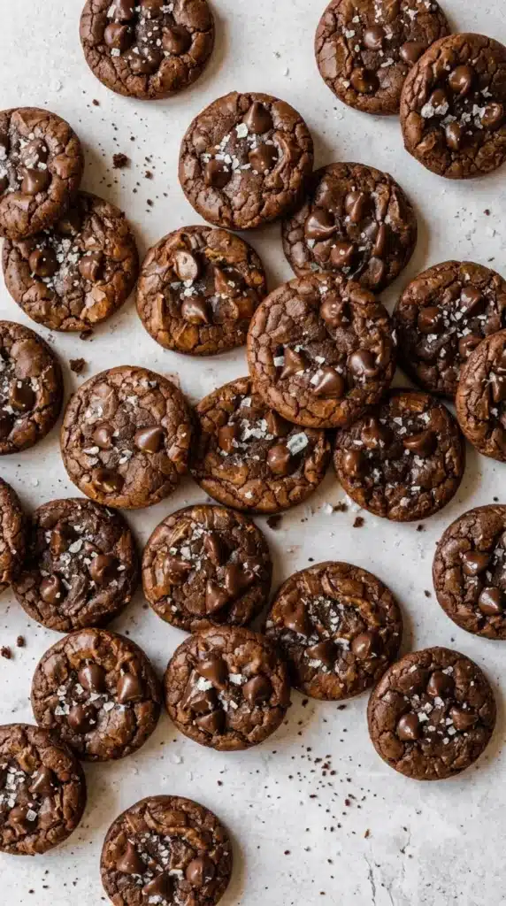 Salted Brownie Cookies with fudgy centers, chocolate chips, crackled tops, and flaky sea salt