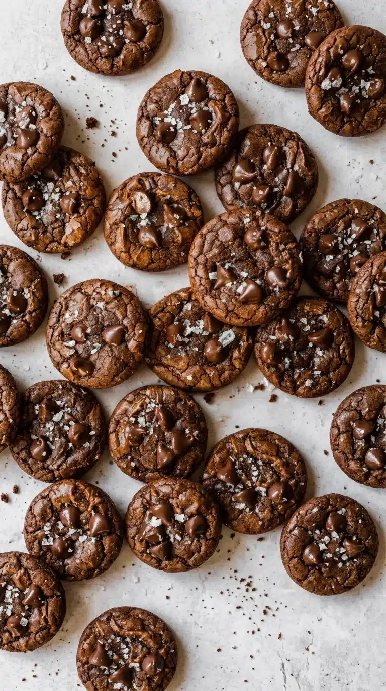 Salted Brownie Cookies with fudgy centers, chocolate chips, crackled tops, and flaky sea salt