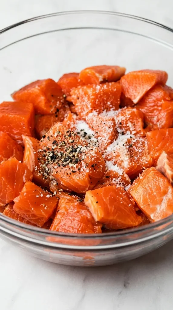 Air Fryer Salmon Bites Recipe : Amazing Quick Weeknight Feast 8 Air Fryer Salmon Bites cut into cubes and seasoned with kosher salt and black pepper