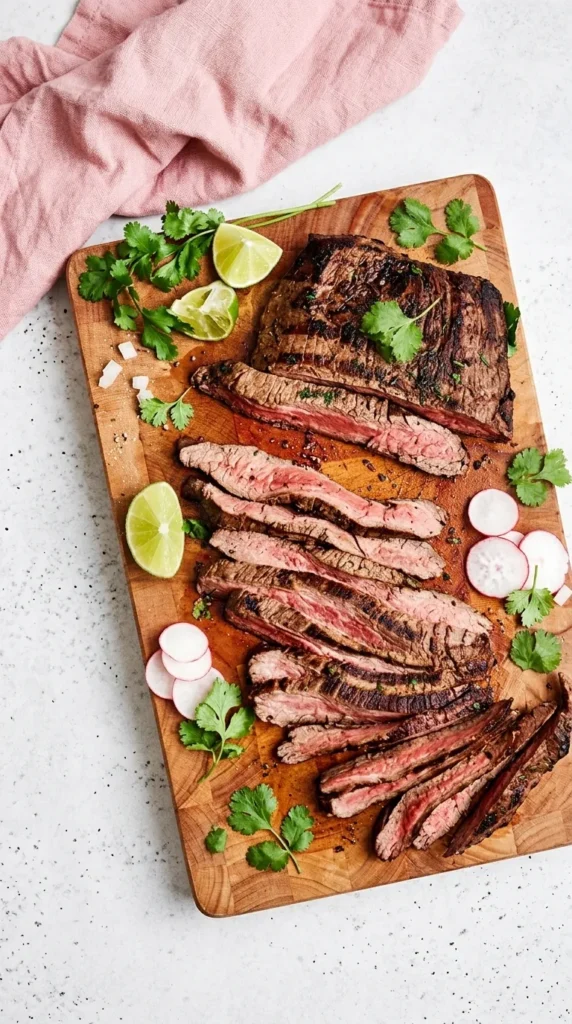 Sliced Carne Asada with smoky char, juicy pink center, lime, cilantro, avocado, and radish