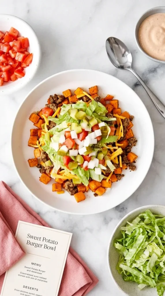 Sweet Potato Burger Bowl Recipe : Easy, Amazing Dinner 9 Sweet Potato Burger Bowl with beef, roasted sweet potatoes, lettuce, tomatoes, pickles, and cheese
