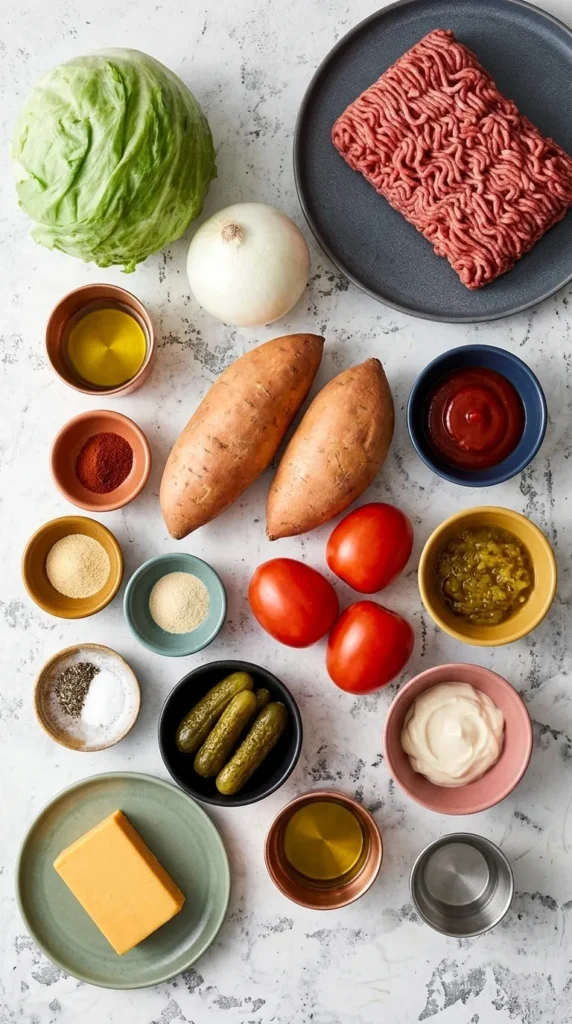 Sweet Potato Burger Bowl Recipe : Easy, Amazing Dinner 7 Sweet Potato Burger Bowl ingredients with beef, sweet potatoes, vegetables, cheese, spices, and sauce