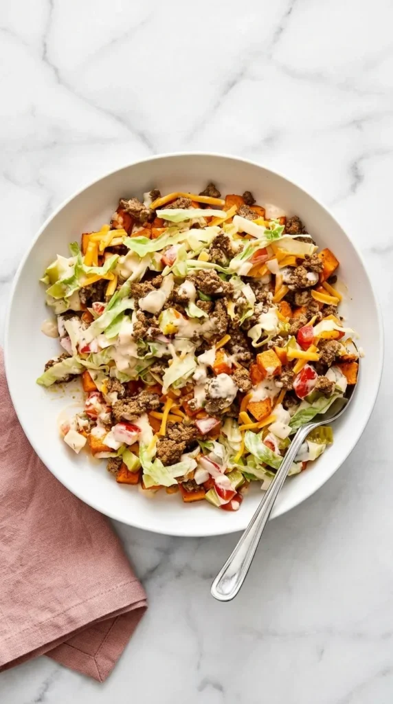 Sweet Potato Burger Bowl Recipe : Easy, Amazing Dinner 10 Sweet Potato Burger Bowl with ground beef, roasted sweet potatoes, fresh toppings and creamy burger sauce