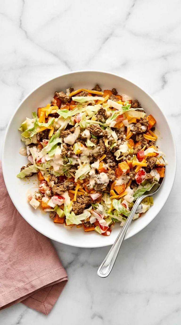 Sweet Potato Burger Bowl with ground beef, roasted sweet potatoes, fresh toppings and creamy burger sauce