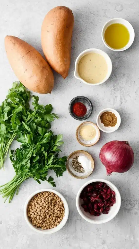 Sweet Potato Salad : Easy, Vibrant Lunch Recipe 5 Sweet Potato Salad ingredients with sweet potatoes, lentils, cranberries, herbs, onion, and dressing
