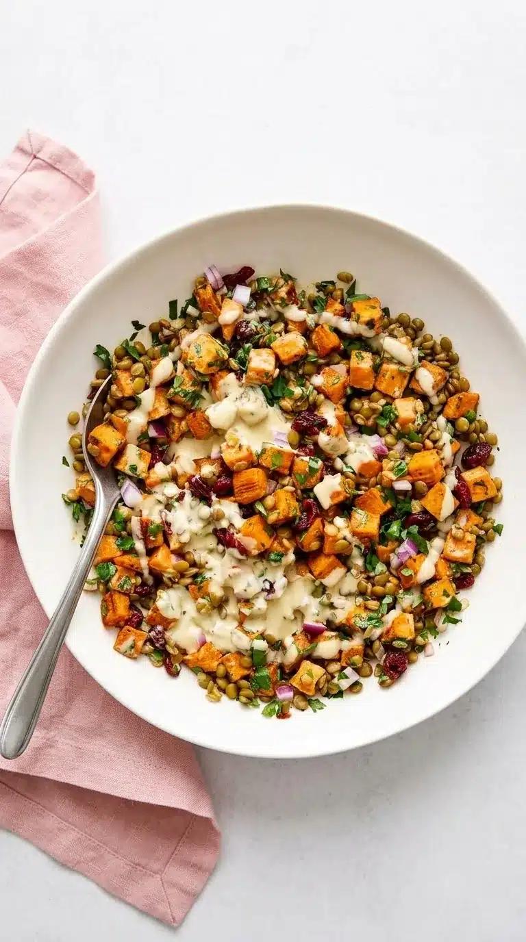 Sweet Potato Salad with roasted sweet potatoes, lentils, cranberries, herbs, and creamy tahini dressing
