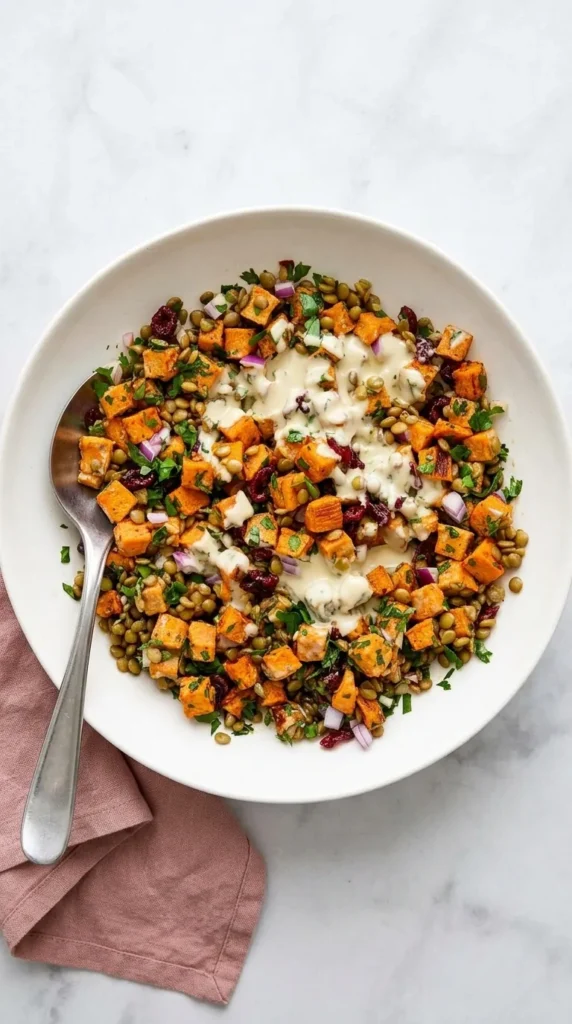 Sweet Potato Salad : Easy, Vibrant Lunch Recipe 6 Maple mustard tahini dressing poured over Sweet Potato Salad with lentils, cranberries, and herbs