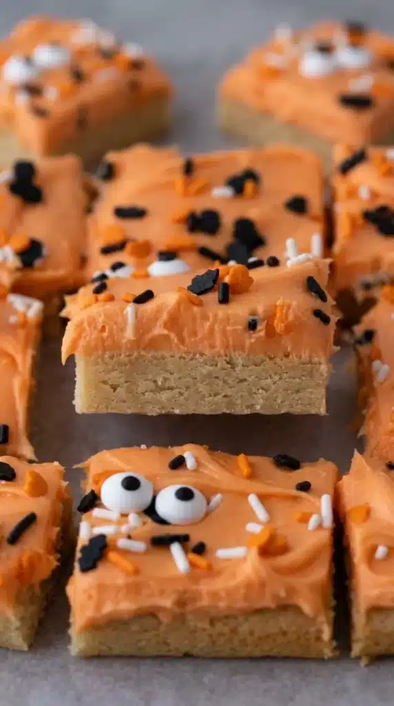 The Best Easy Halloween Sugar Cookie Bars ingredients with orange frosting and spooky sprinkles