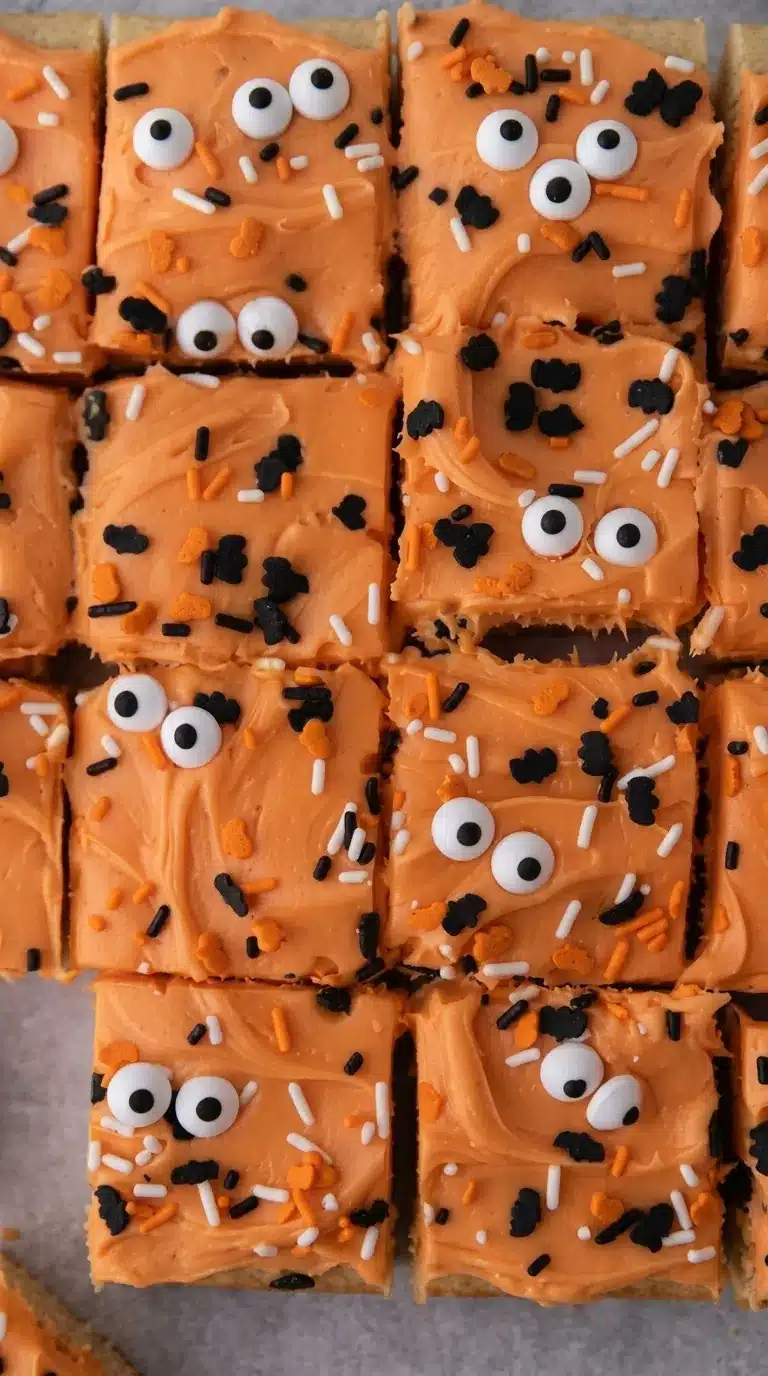 Halloween sugar cookie bars with orange buttercream, spooky sprinkles, and candy eyeballs