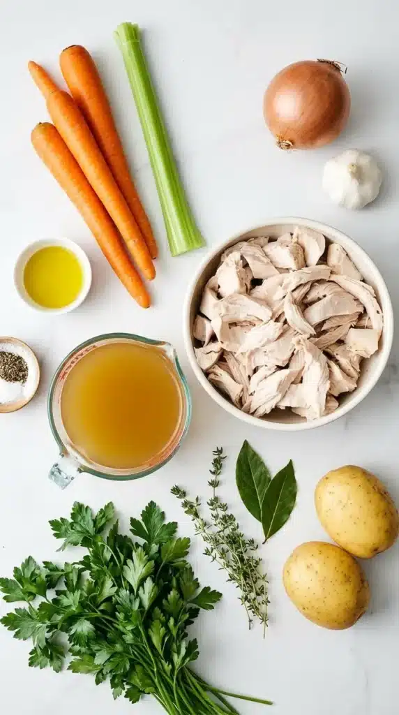 Turkey Soup ingredients with turkey, potatoes, carrots, celery, broth, garlic, and fresh herbs