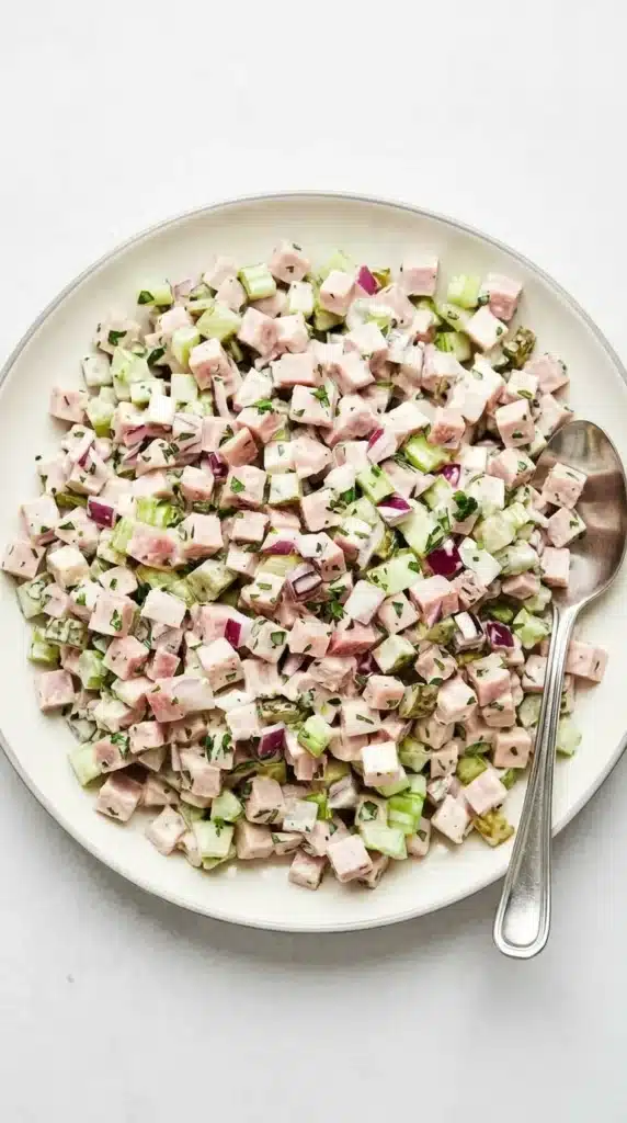 Ultimate Ham Salad with diced ham, celery, pickles, red onion, and creamy Dijon dressing
