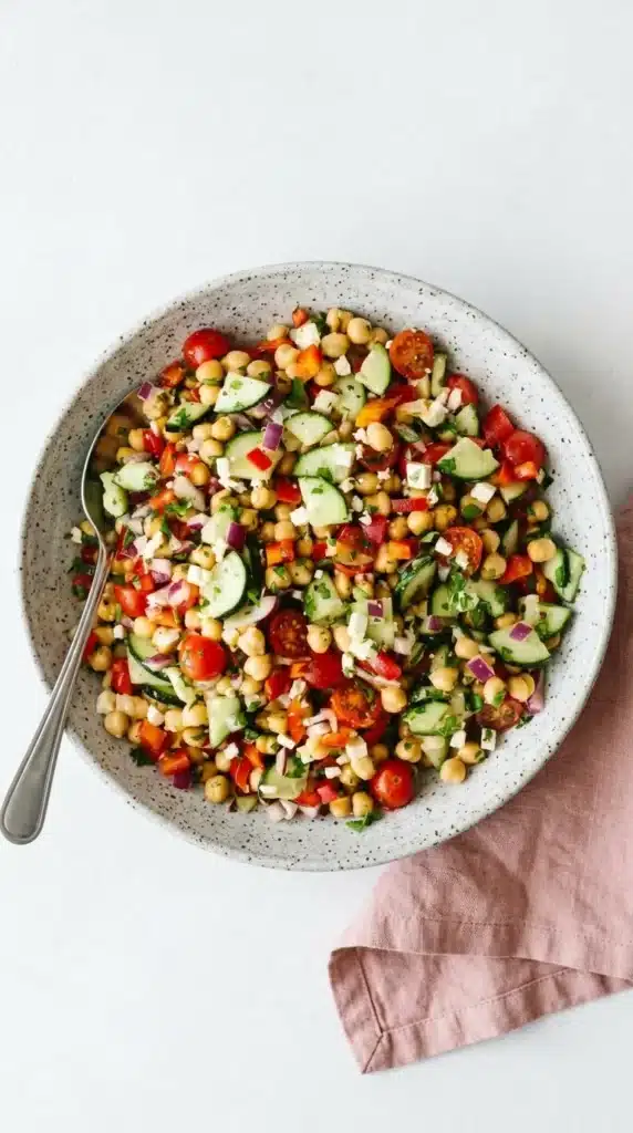 Ultimate Mediterranean Chickpea Salad with feta, cucumber, tomatoes, chickpeas, and fresh parsley