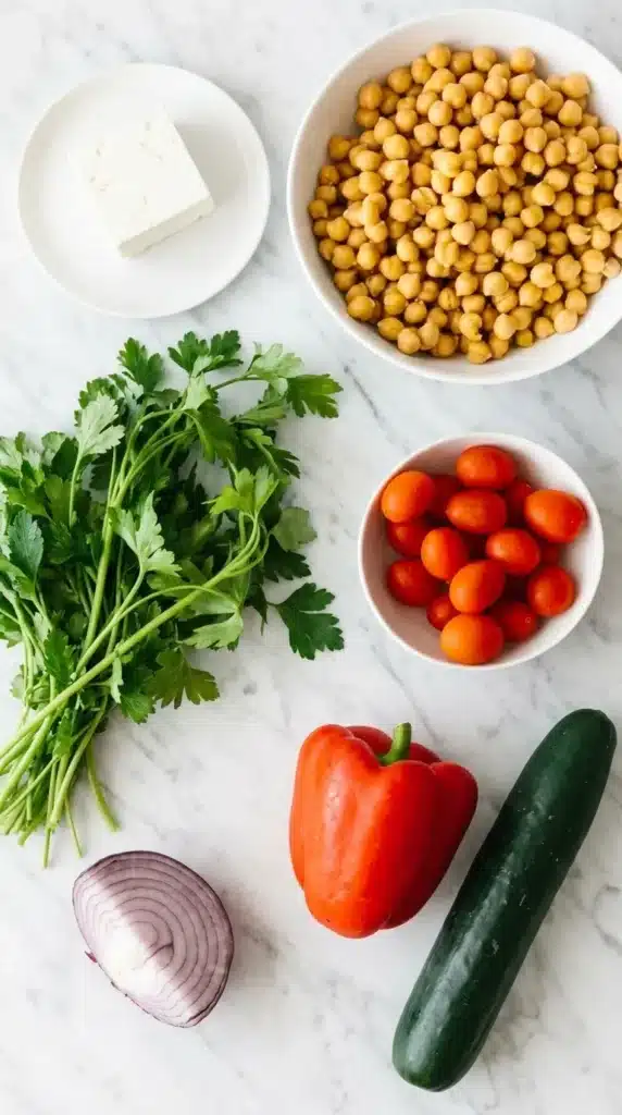 Ultimate Mediterranean Chickpea Salad ingredients with chickpeas, feta, cucumber, tomatoes, pepper, onion, and parsley
