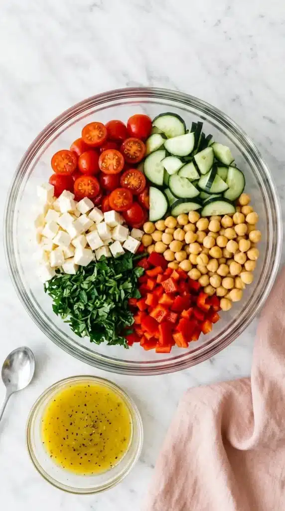 Ultimate Mediterranean Chickpea Salad ingredients in a bowl with chickpeas, feta, cucumber, tomatoes, and pepper