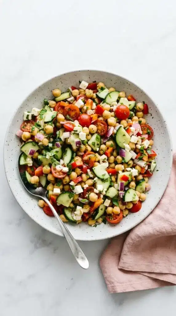 Ultimate Mediterranean Chickpea Salad with chickpeas, feta, cucumber, tomatoes, red pepper, and parsley