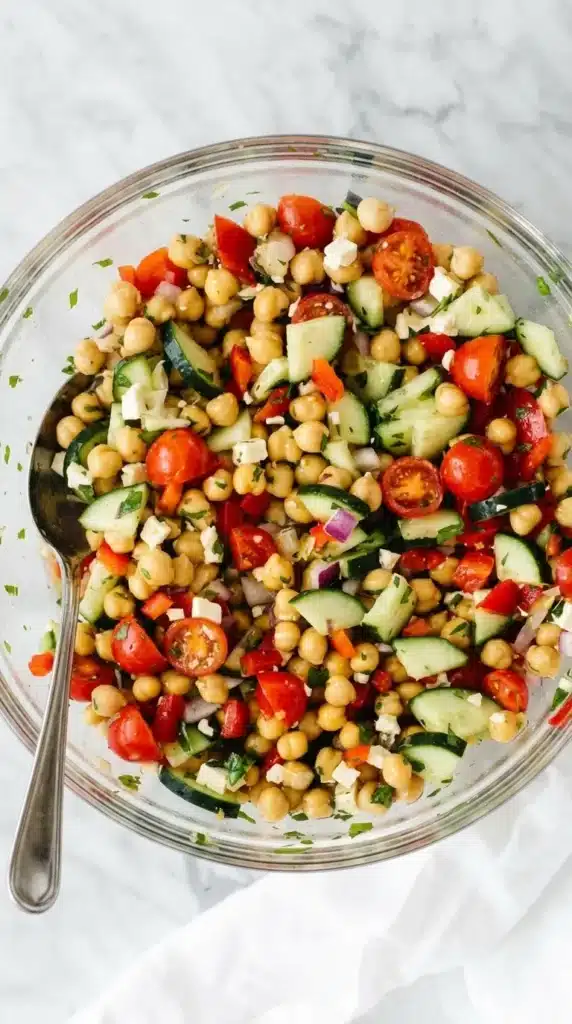 Ultimate Mediterranean Chickpea Salad tossed with chickpeas, cucumber, tomatoes, feta, pepper, and parsley