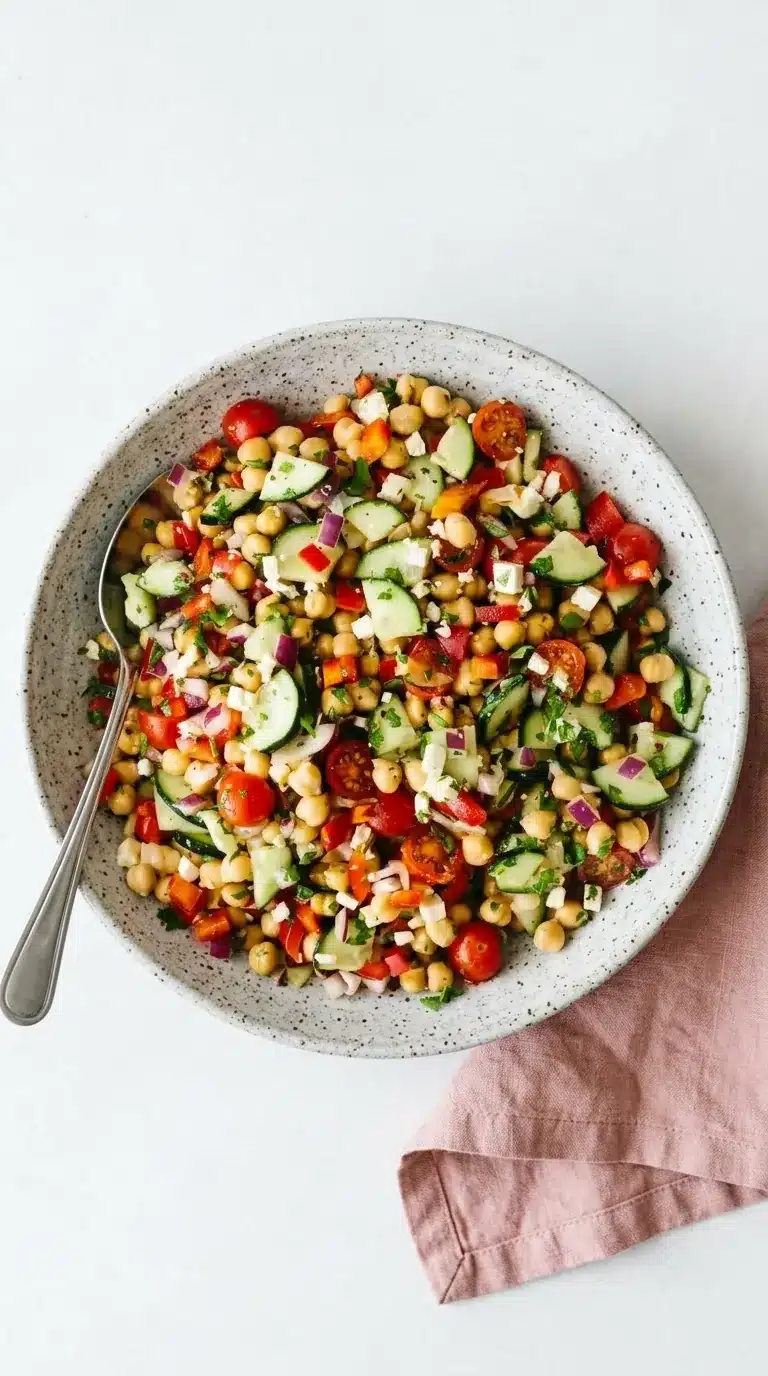 Ultimate Mediterranean Chickpea Salad with feta, cucumber, tomatoes, chickpeas, and fresh parsley