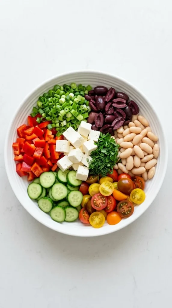 White Bean Salad With Feta ingredients assembled with cannellini beans, tomatoes, cucumber and herbs