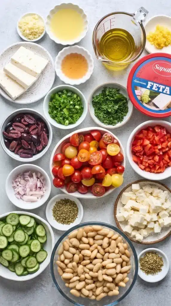 White Bean Salad With Feta ingredients with cannellini beans, tomatoes, cucumber, herbs and feta
