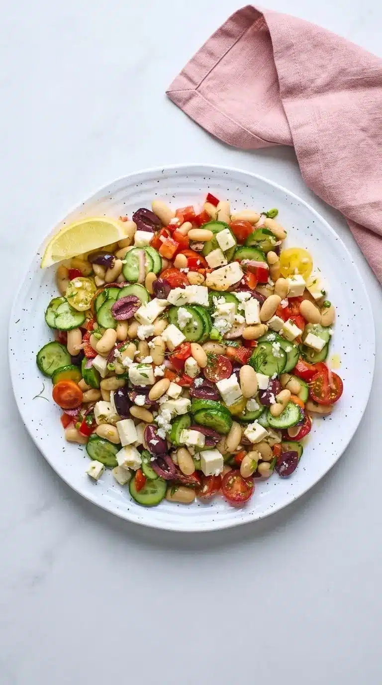 White Bean Salad With Feta with tomatoes, cucumber, olives, herbs and lemon dressing