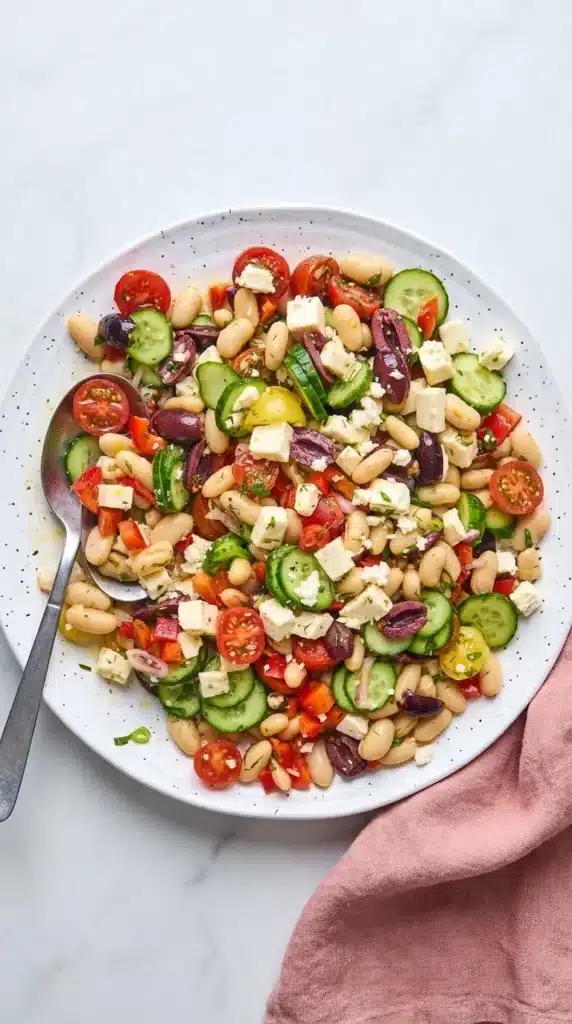 White Bean Salad With Feta tossed with tomatoes, cucumber, olives, herbs and lemon dressing