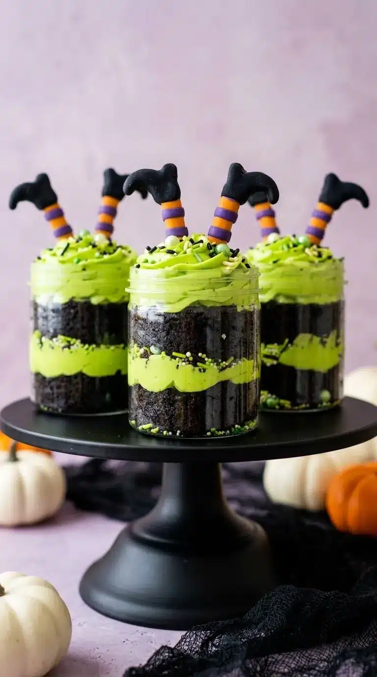 Witches' Brew Halloween Cake Jars with green frosting, dark cake layers, sprinkles, and witch legs