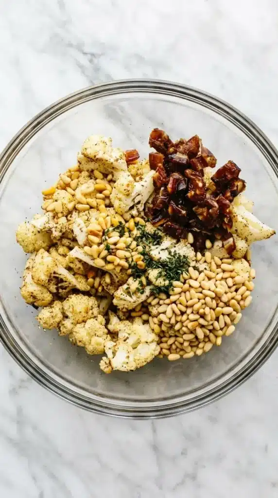 Za’atar Roasted Cauliflower with Dates and Pine Nuts ready to toss with fresh thyme
