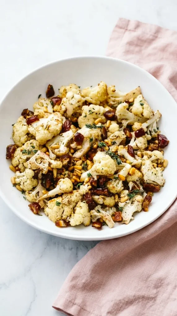 Close-up of Za’atar Roasted Cauliflower with Dates and Pine Nuts