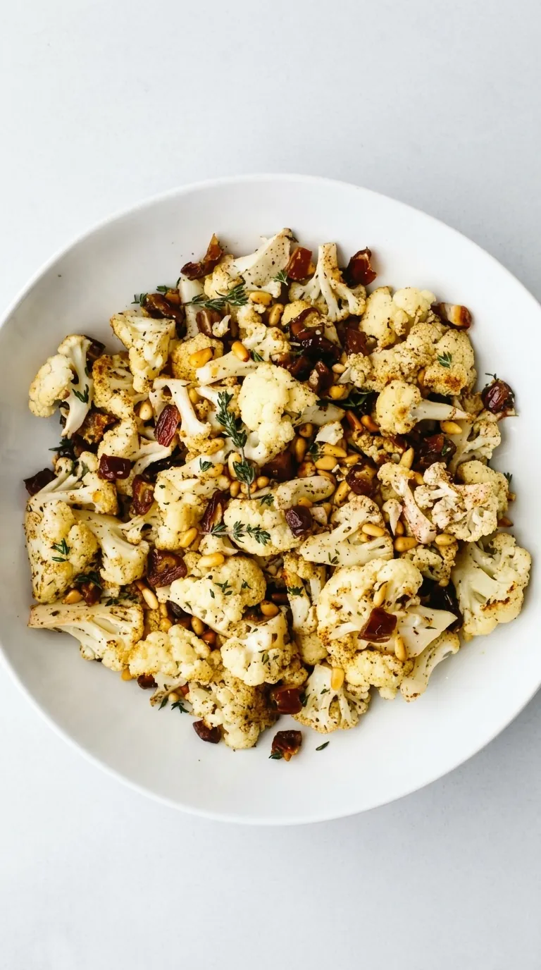 Za’atar roasted cauliflower with dates, toasted pine nuts, and fresh thyme