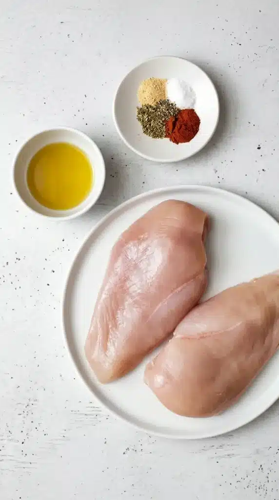 Air Fryer Chicken Breast: Amazing Juicy Results in 15 Min 2 Raw ingredients for Air Fryer Chicken Breast with olive oil, paprika, garlic powder, salt and herbs