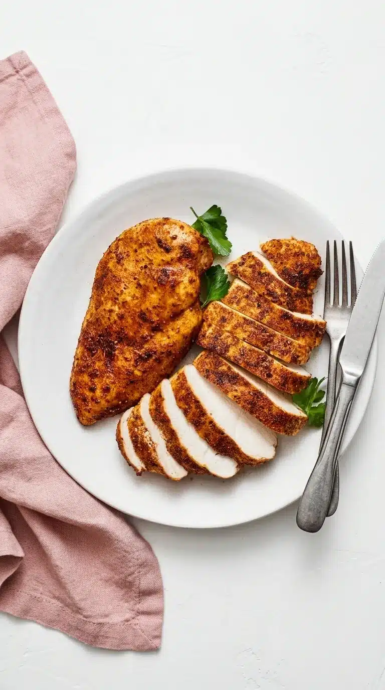 Juicy Air Fryer Chicken Breast sliced on a ceramic plate with golden paprika seasoning and fresh herbs