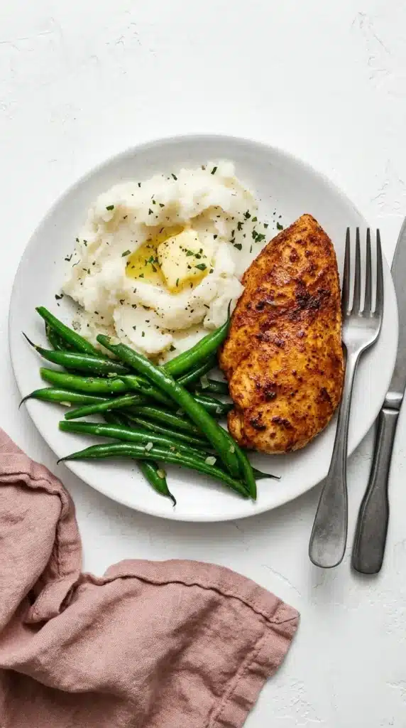 Air Fryer Chicken Breast: Amazing Juicy Results in 15 Min 3 Air Fryer Chicken Breast served with creamy mashed potatoes and garlic green beans