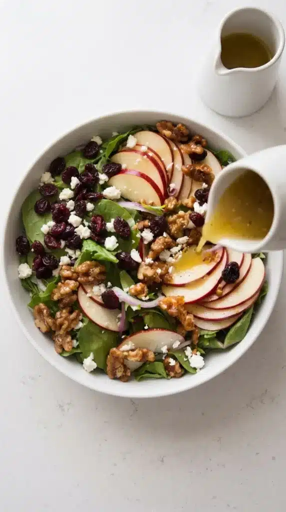 Apple Salad with Candied Walnuts and Cranberries : Easy 7 Apple Salad with Candied Walnuts and Cranberries topped with golden apple cider vinaigrette.