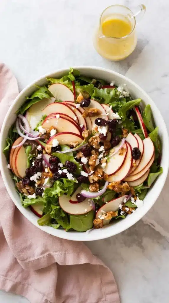 Apple Salad with Candied Walnuts and Cranberries : Easy 9 Apple salad with candied walnuts and cranberries, crisp red apples, fresh greens, feta cheese, and apple cider dressing.
