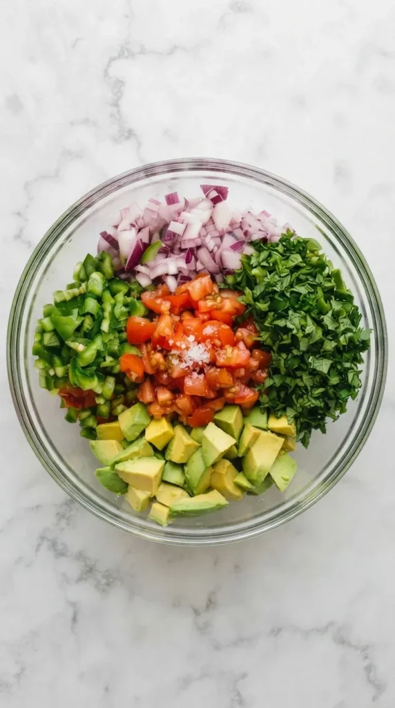 Avocado Salsa ingredients with avocado, tomatoes, red onion, jalapeño, and cilantro