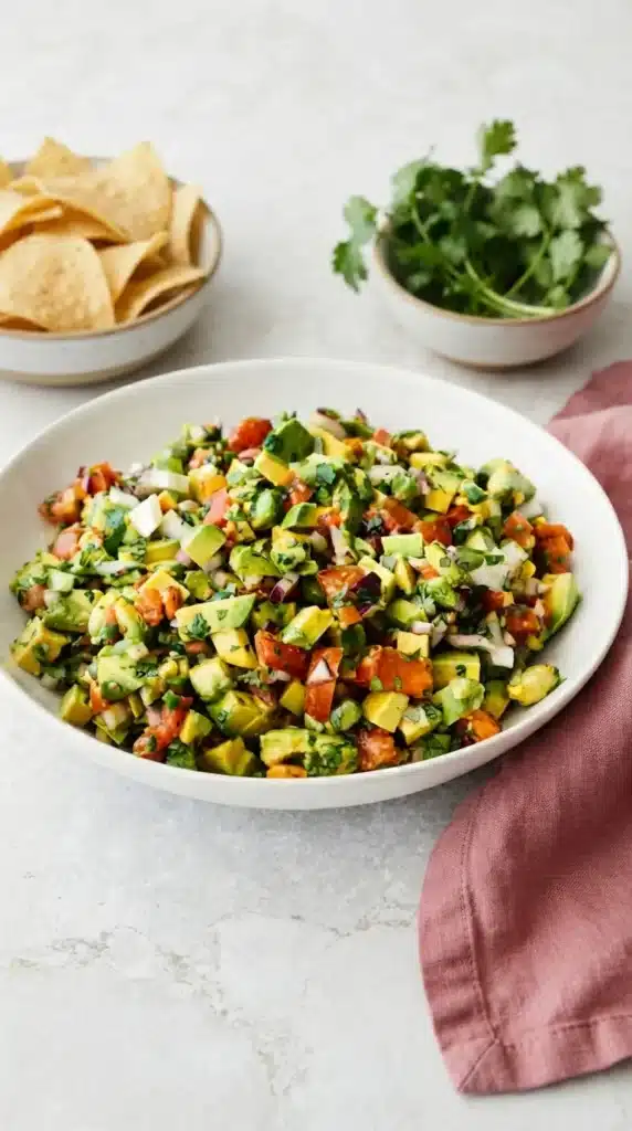 Avocado Salsa served in a bowl with fresh cilantro and tortilla chips