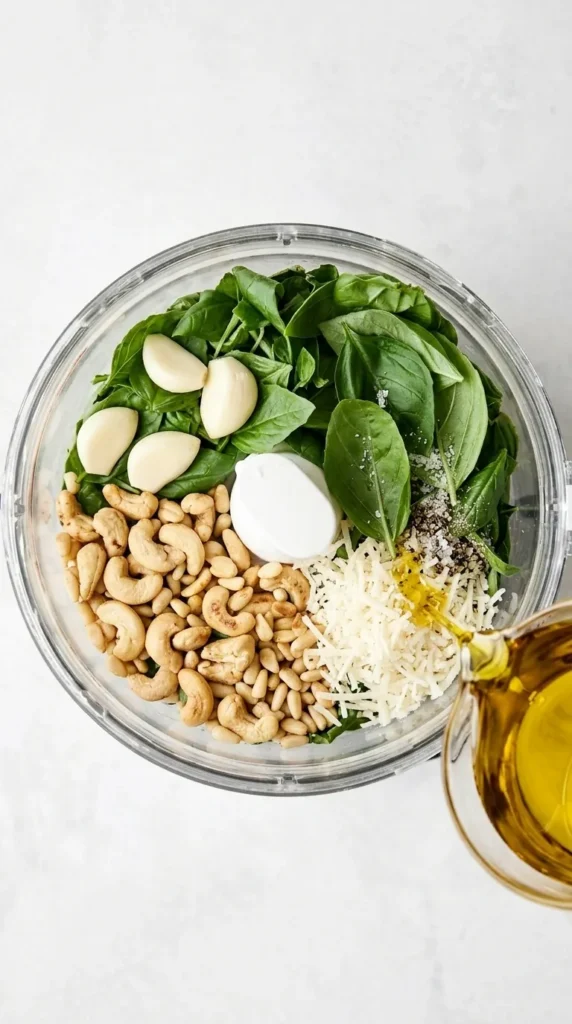 Basil Pesto Recipe : Amazing Fresh Flavor in 15 Minutes 3 Fresh basil pesto ingredients with basil, garlic, cashews, pine nuts, and Parmesan in a food processor before blending.