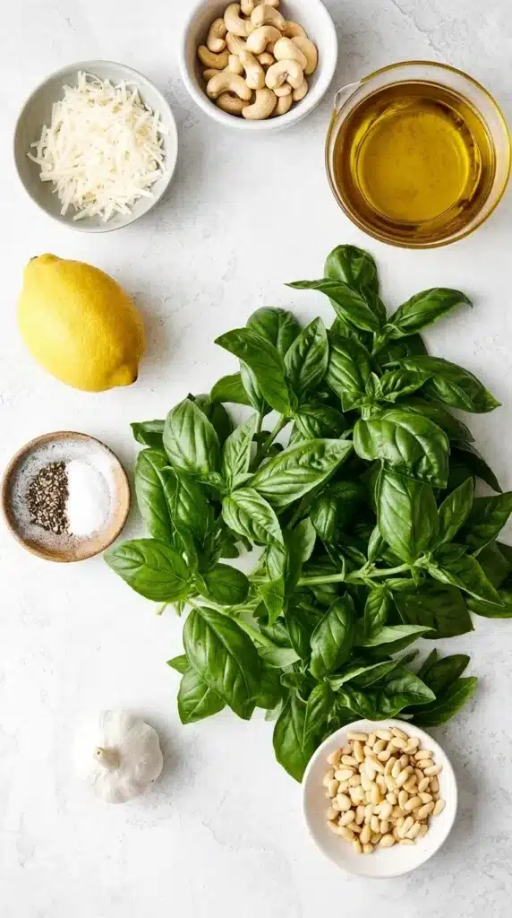 Basil Pesto Recipe : Amazing Fresh Flavor in 15 Minutes 2 Fresh basil pesto ingredients including basil leaves, olive oil, garlic, pine nuts, cashews, lemon, and Parmesan.