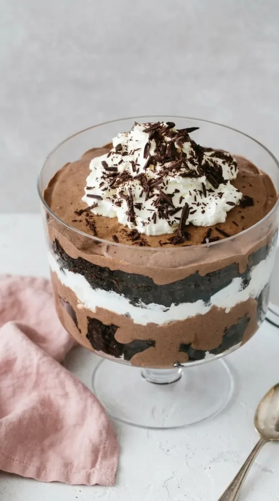 Brownie Trifle with fudgy brownies, chocolate mousse, whipped cream, and chocolate shavings