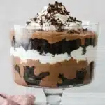 Brownie Trifle with chocolate mousse, whipped cream, and fudgy brownie layers
