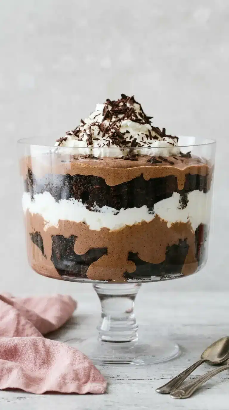 Brownie Trifle with chocolate mousse, whipped cream, and fudgy brownie layers