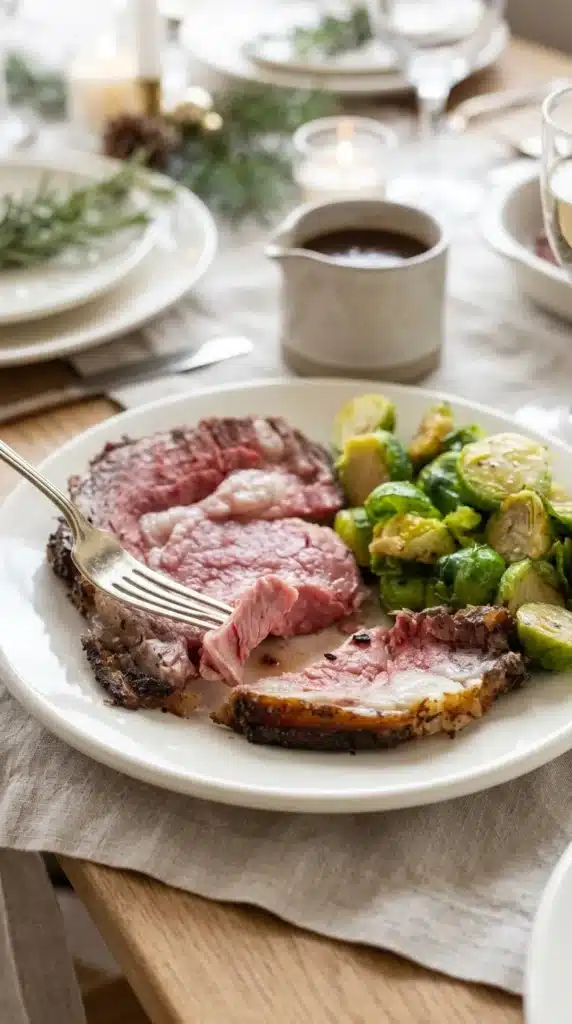 Butter and Garlic Crusted Prime Rib with juicy pink slices, golden herb crust, and roasted Brussels sprouts.
